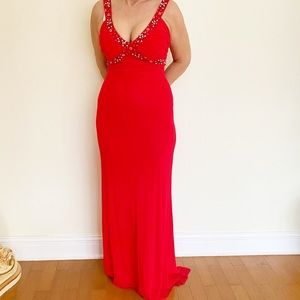 {Beyond Jovani} red embellished bridesmaid gown